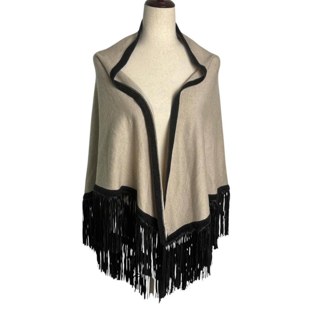 Tan and Black Knit Shawl Wrap with Faux Leather Fringe Trim Open Front Poncho